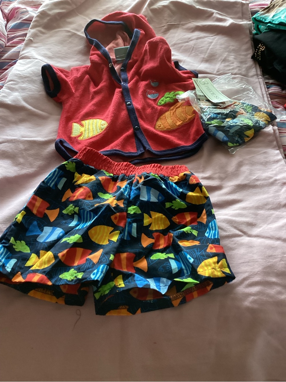 Red Hooded Kids Shirt with Colorful Fish Swim Shorts